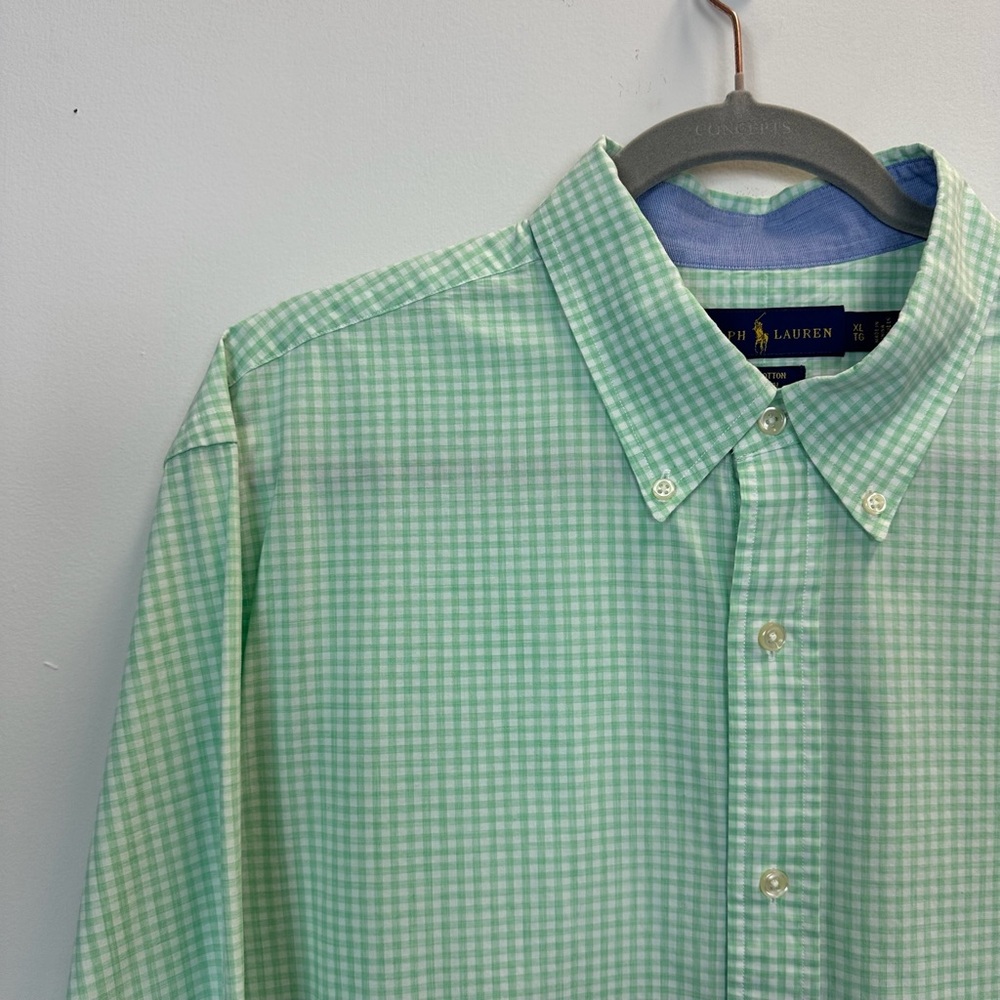 Polo PRL Ralph Lauren XL Button Down Shirt Green Check 100% Cotton Stretch
